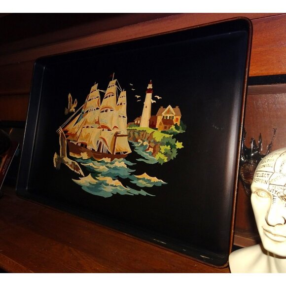 Tin Tray Sailing Ship Lighthouse Hand Painted Black Vintage Tole Style Rectangle - Picture 7 of 11